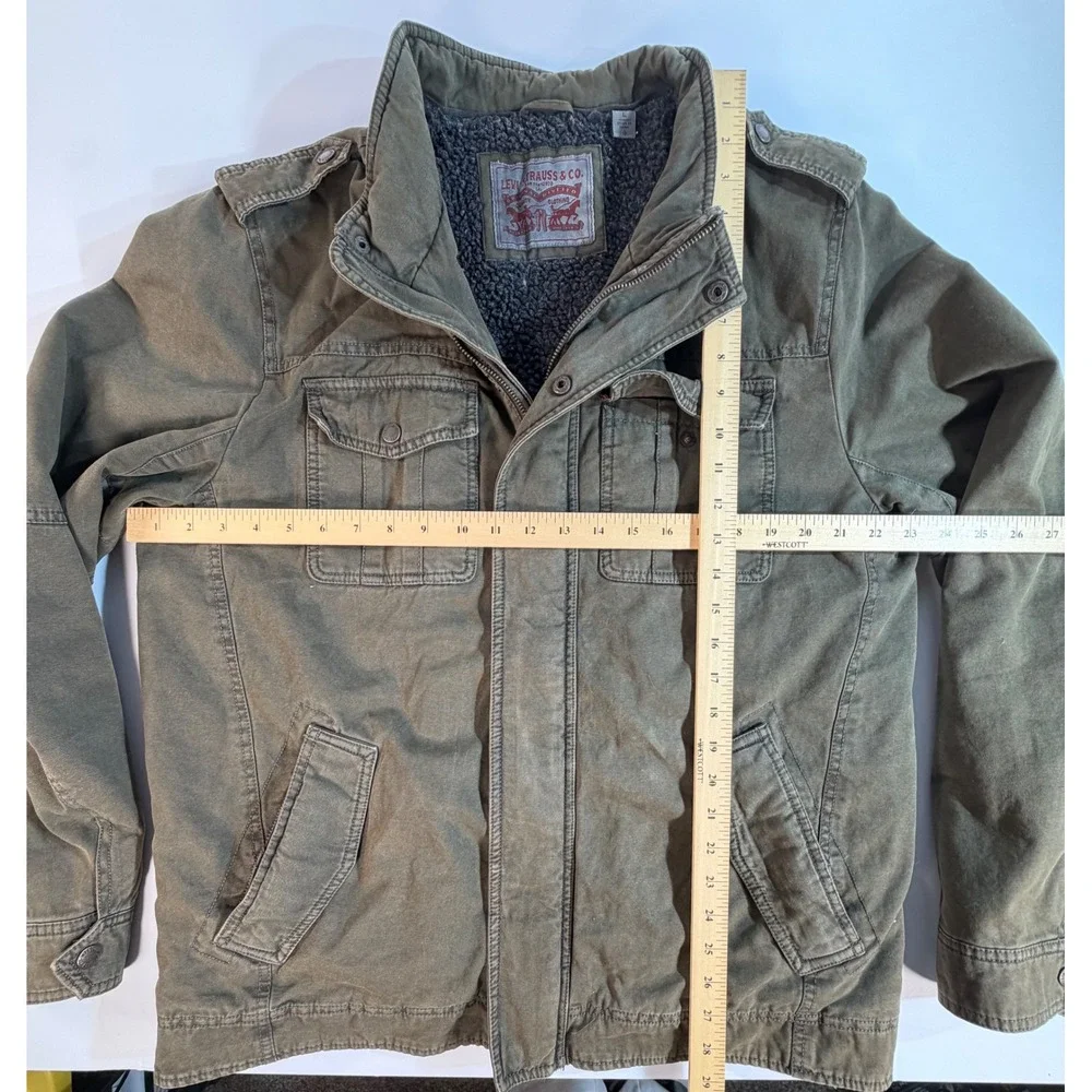 Levis Mens Military Field Jacket Olive Green Sherpa Lined Canvas Coat Large